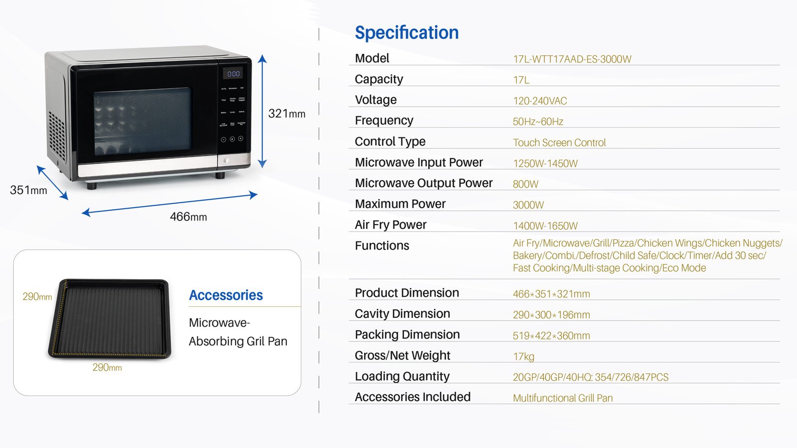 4-in-1 17L High Power 3000W Countertop Air Fry Microwave Oven, Air Fry/Microwave/Grill/Combi. All-in-one Appliance